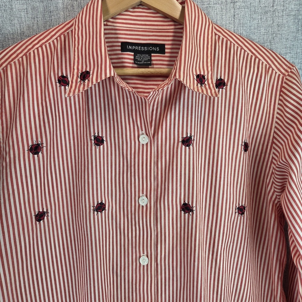 VTG Impressions Y2K Red White Striped Womens Embroidered Lady Bug Blouse Sz 10*